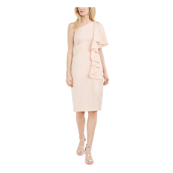 Vince Camuto Ruffle Knee Length Sheath Dress Women's 2 Pink Blush One Shoulder - Picture 1 of 13